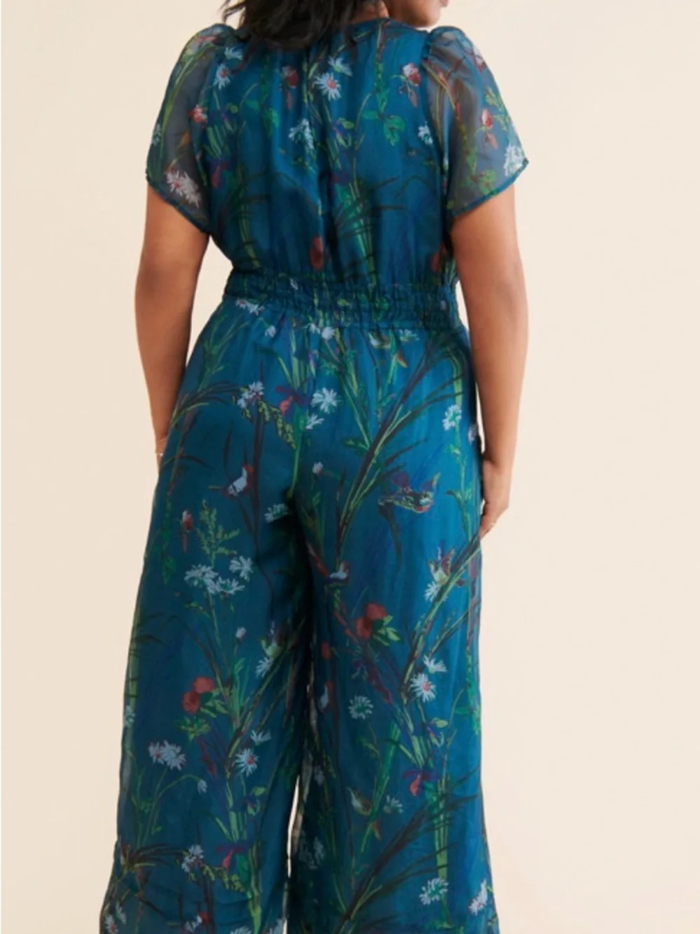 Anthropologie Teal Floral Short-Sleeve Smocked Jumpsuit - Picture 3 of 7